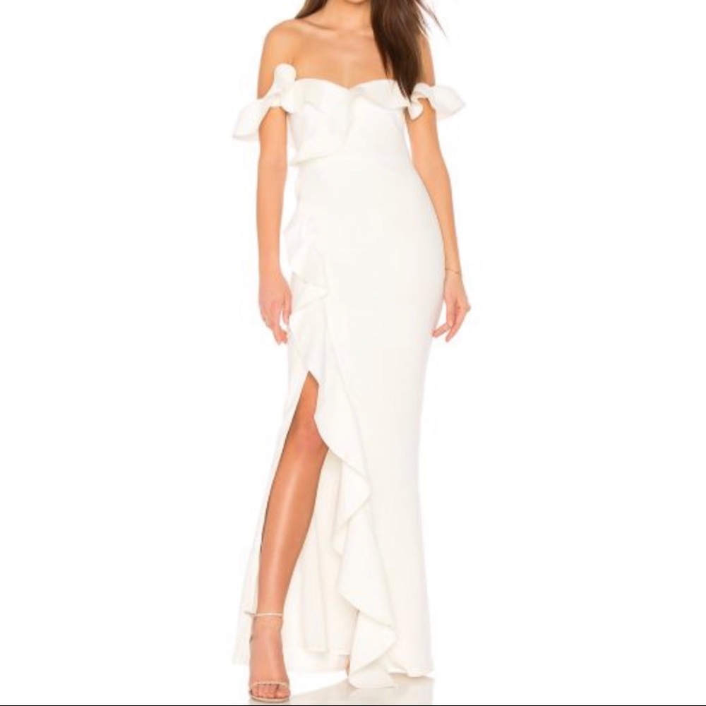 Revolve Likely white miller ruffle long gown dress